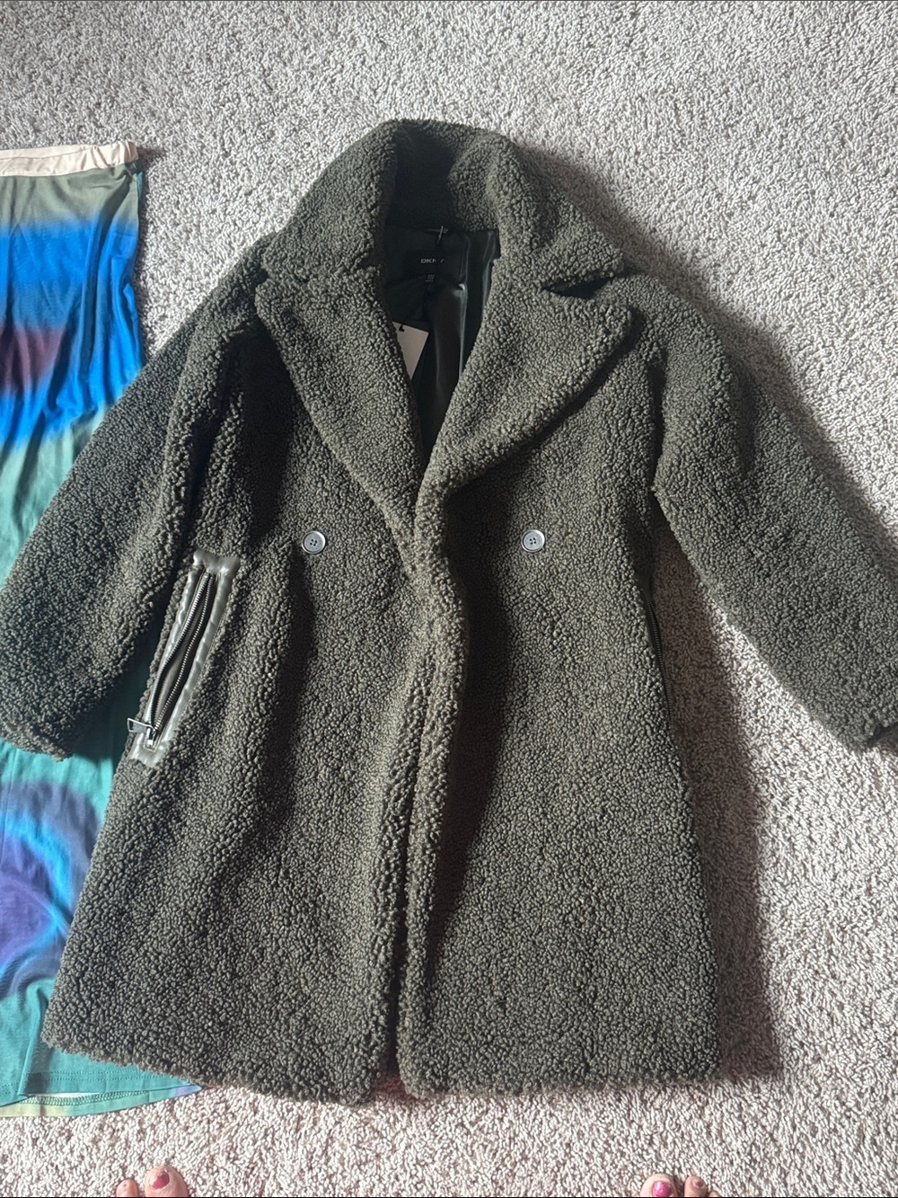 DKNY faux fur Plush Teddy Coat in Army green- Oversized Lapel
